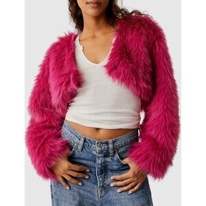 Free People Size L Martini Cropped Bolero Jacket Faux Fur Fuchsia Pink EUC